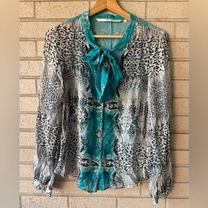 Twelfth Street Cynthia Vincent Tie Neck Teal Black Leopard Print Top Medium Silk